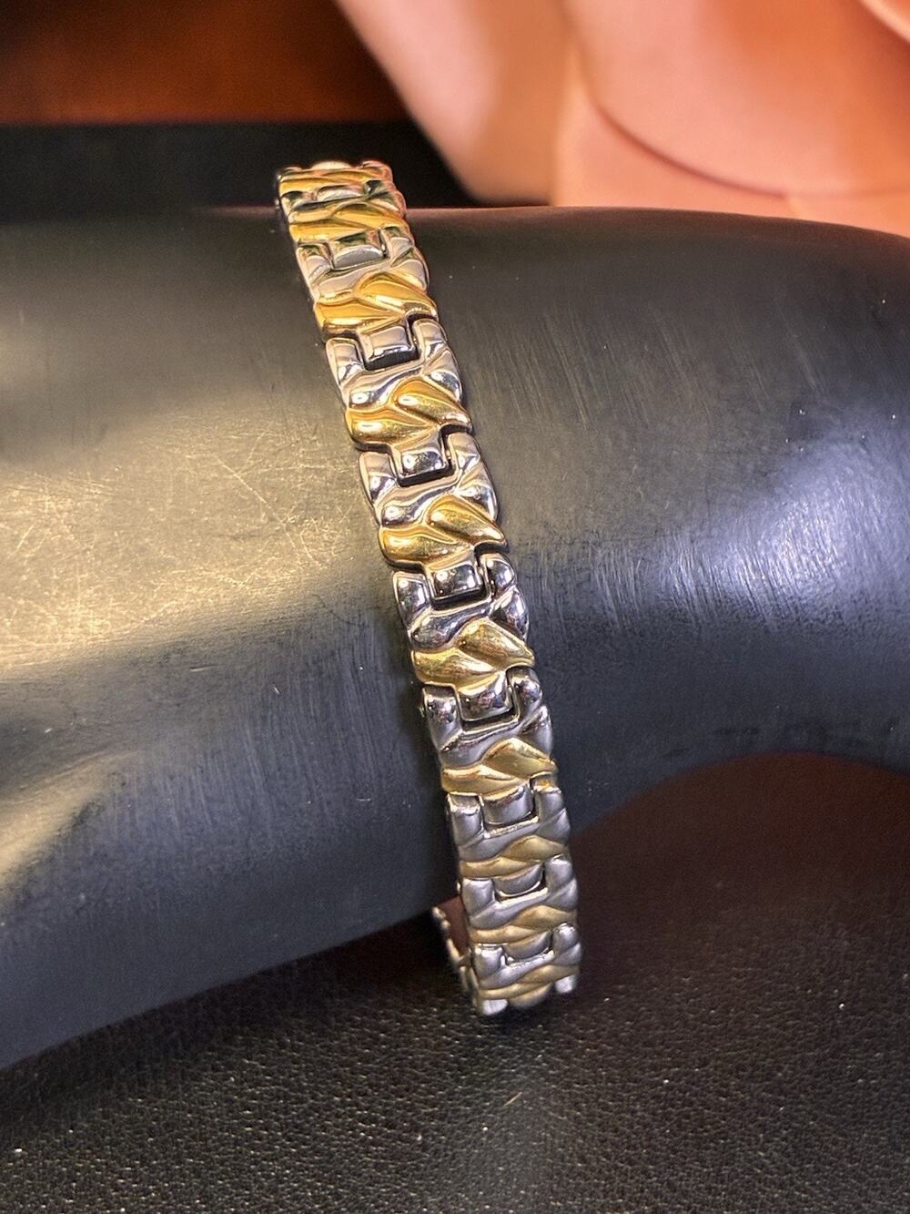 Two Tone Stainless Steel Link Bracelet Gold Silver Geometric 7.75” Unisex